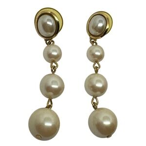 Dangle Drop Earrings Faux Pearl Gold Tone Elegant Statement Jewelry Pierced Ears